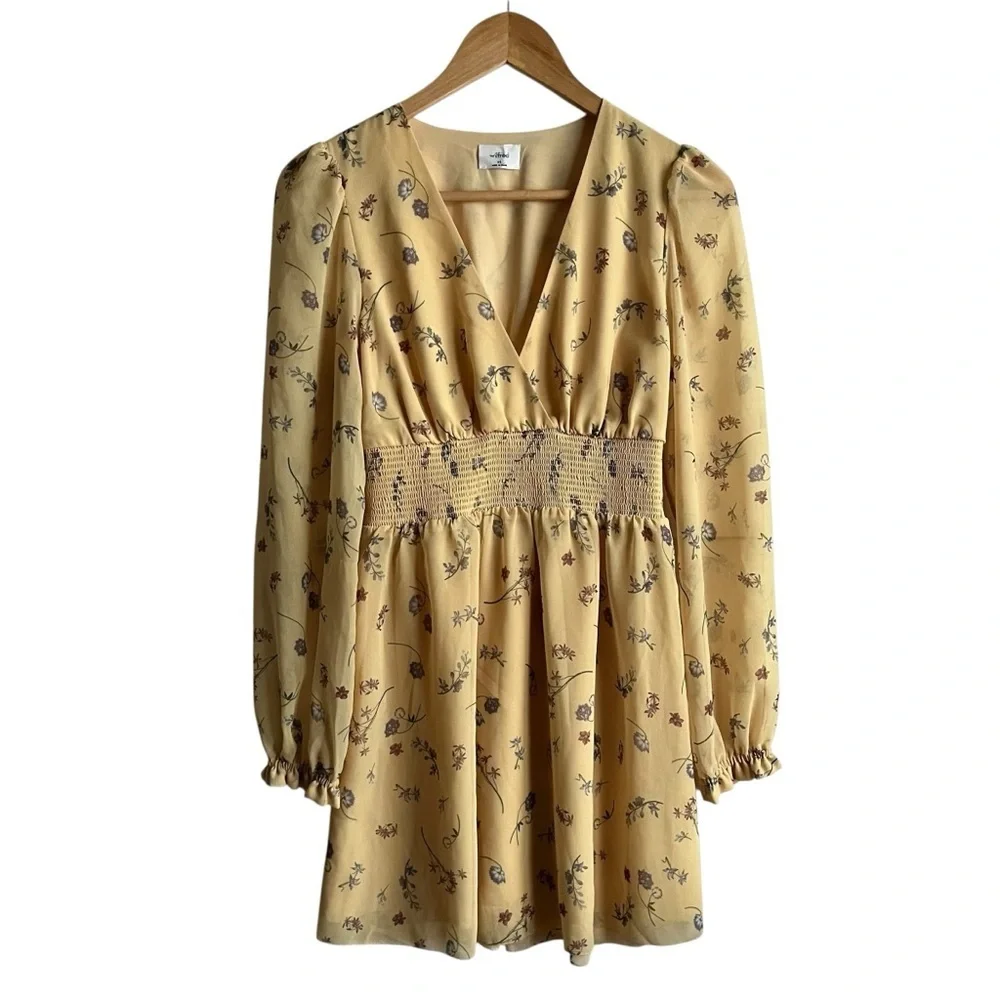 Aritzia Wilfred Wistful Dress XS Yellow Floral Chiffon Smocked Mini - Picture 2 of 10